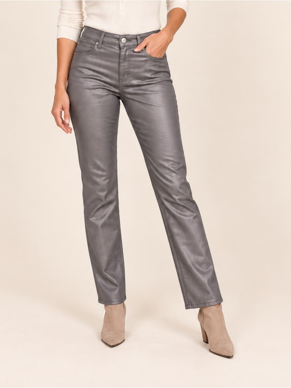 Lafayette 148 New York Grey Charcoal  Coated Satin Stretch Pants Size 4